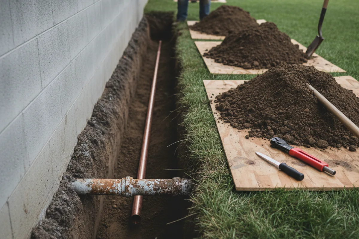 Excavated water line trench during Water Heater Repair in West Orange